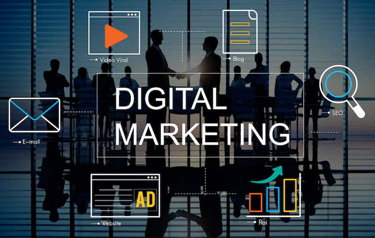 Team working on digital marketing services for small business growth with strategy planning visuals