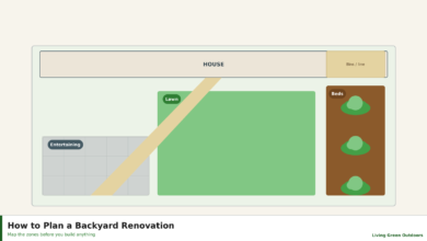 Top-down plan of a backyard divided into zones